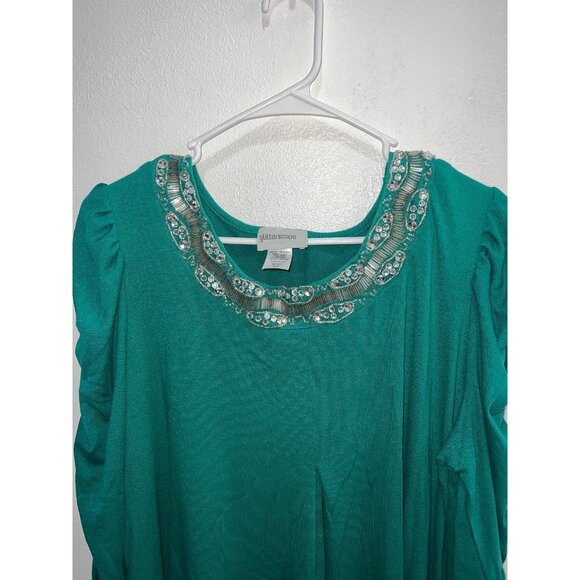 Glitterscape womans top plus size 2X green round sequin neckline ruched pullover - Picture 2 of 8